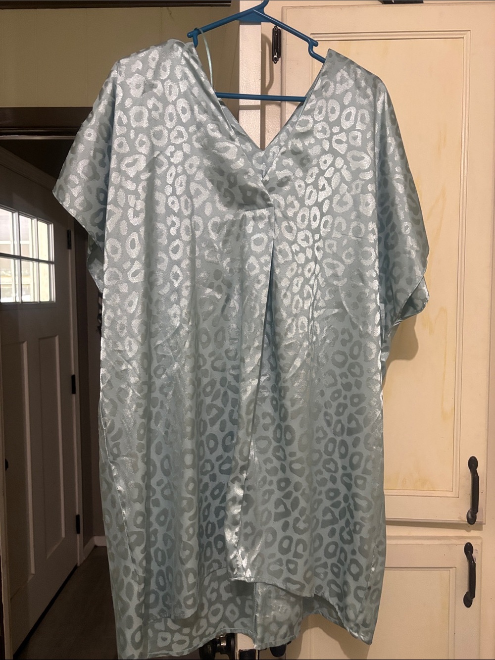 glam Light Blue Satin Leopard Print Kaftan